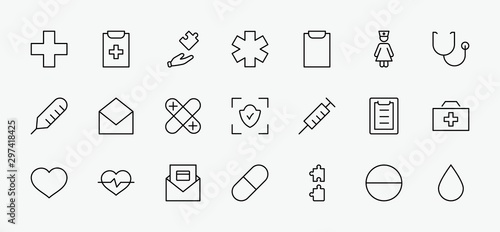Set of Medicine vector line icons. It contains the first aid kit, nurse, syringe, thermometer, plastic, pills, heart, drop of blood, palpitation and much more. Editable Stroke. 32x32 pixels.