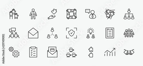 Set of Team Work Related Vector Line Icons. Contains such Icons as Handshake, Check, Idea, Coffee, Gears, Cooperation, Collaboration, Team Meeting and more. Editable Stroke. 32x32 Pixel Perfect