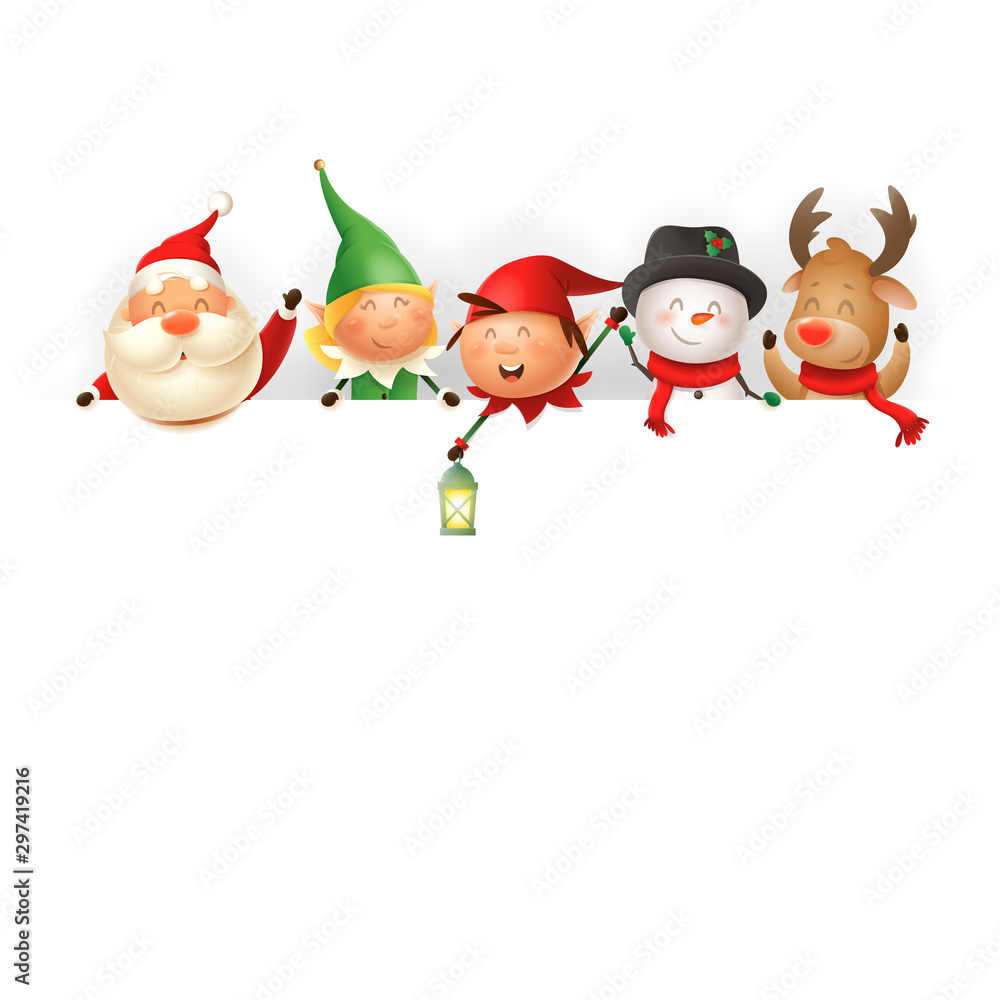 Christmas friends on board - template with Santa, Elves girl and boy, Snowman and Reindeer - vector illustration Christmas friends on board - template with Santa, Elves girl and boy, Snowman and Reindeer - vector illustration