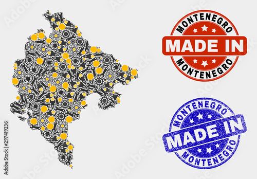 Mosaic technical Montenegro map and blue Made In scratched stamp. Vector geographic abstraction model for technical, or patriotic illustrations.