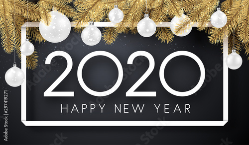 Happy New Year 2020 card with fir branches and white Christmas balls.