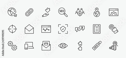 Set of SEO Related Vector Line Icons. Contains such Symbols as Web icon, Eye, Localization, Link,  Traffic, Translate, Performance Tracking, Point and more. Editable Stroke. 32x32 Pixel Perfect.