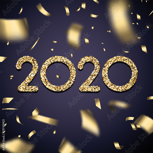 Happy New Year 2020 poster with golden blurred confetti.