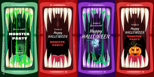 Creepy Halloween party banner scary monster character teeth jaw in mouth closeup spittle