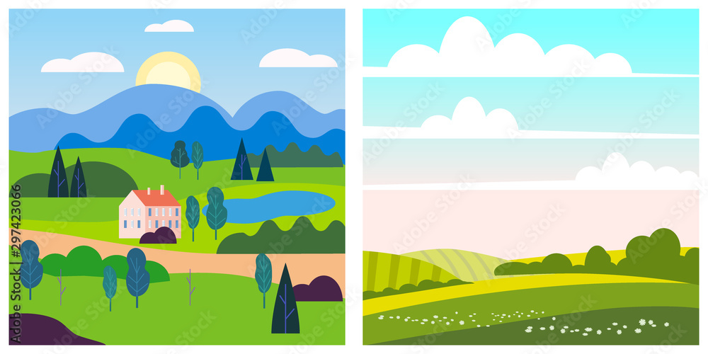 Fototapeta premium Set spring summer landscape rural countryside