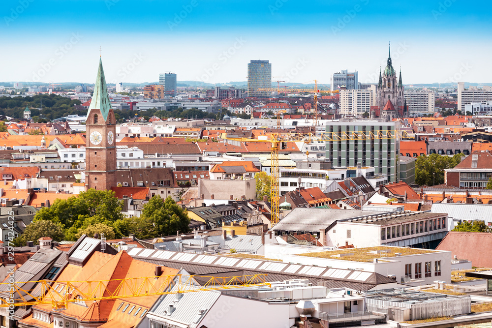 Fototapeta premium Aerial skyline view of red roofs in Munich, Germany