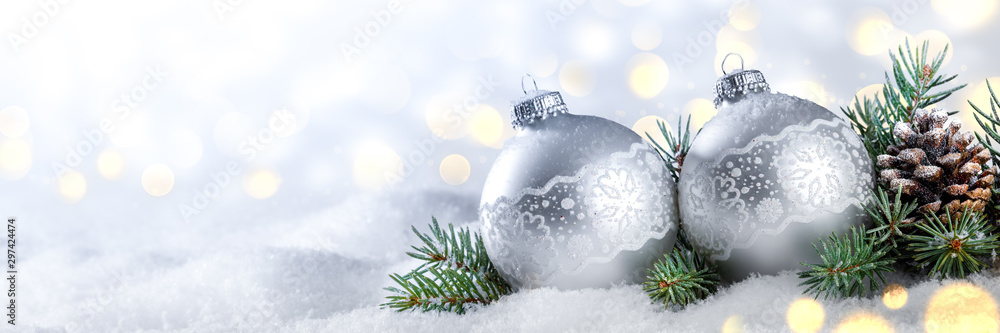 Silver Christmas Balls With Pine-cone And Branches On Snow With Golden Bokeh Background - Christmas/New Year - obrazy, fototapety, plakaty 