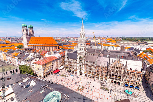 Panoramic aerial view of Munich Central square with town hall and Frauenkirche Church. Travel and sightseeing landmarks in Germany photo