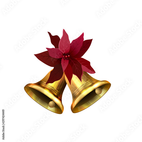 Vector illustration of shiny golden Christmas bells decorated with red bow poinsettia