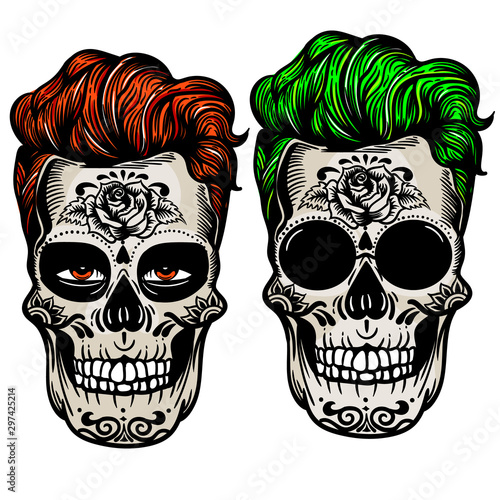 Vector hand drawn colorful illustration of Day Of The Dead Skull. Skulls hipster acid color, sugar flower. Skull tattoo punk style  isolated on white.