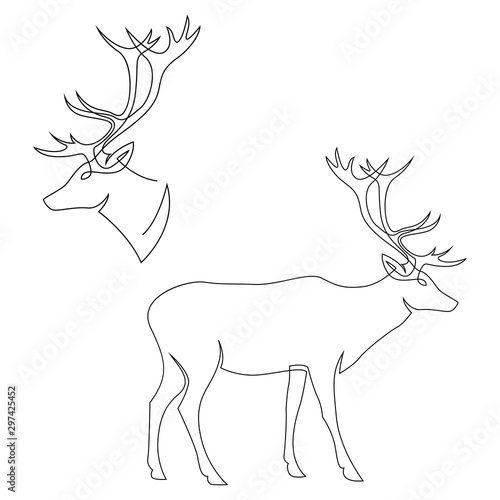 One line design silhouette of deer. Set of full height and head. Hand drawn single continuous line minimalism style vector illustration