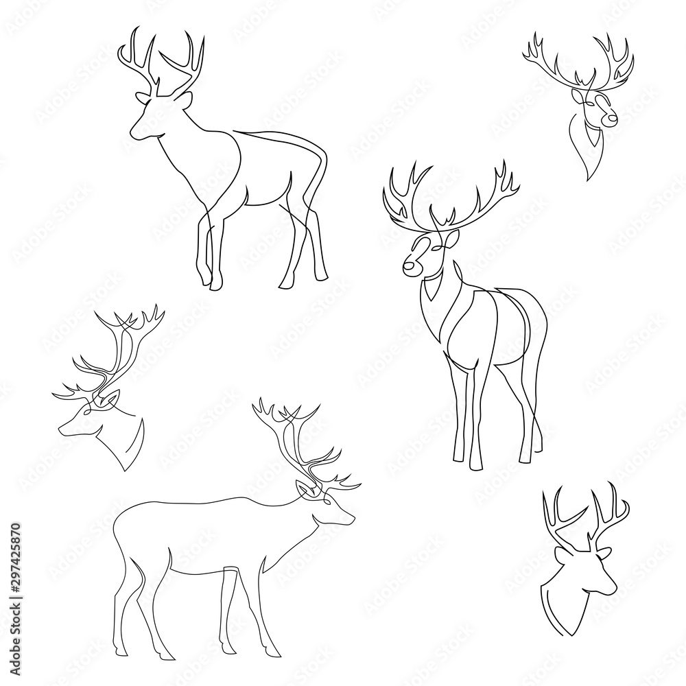 One line design silhouette of deer. Set of full height and heads. Hand drawn single continuous line minimalism style vector illustration