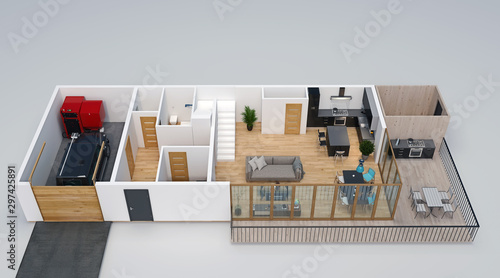 Fototapeta Naklejka Na Ścianę i Meble -  3d floorplan, isometric view of the house with garage, terrace, deck, outdoor kitchen and stairs to second floor, 3d Render, 3d Illustration