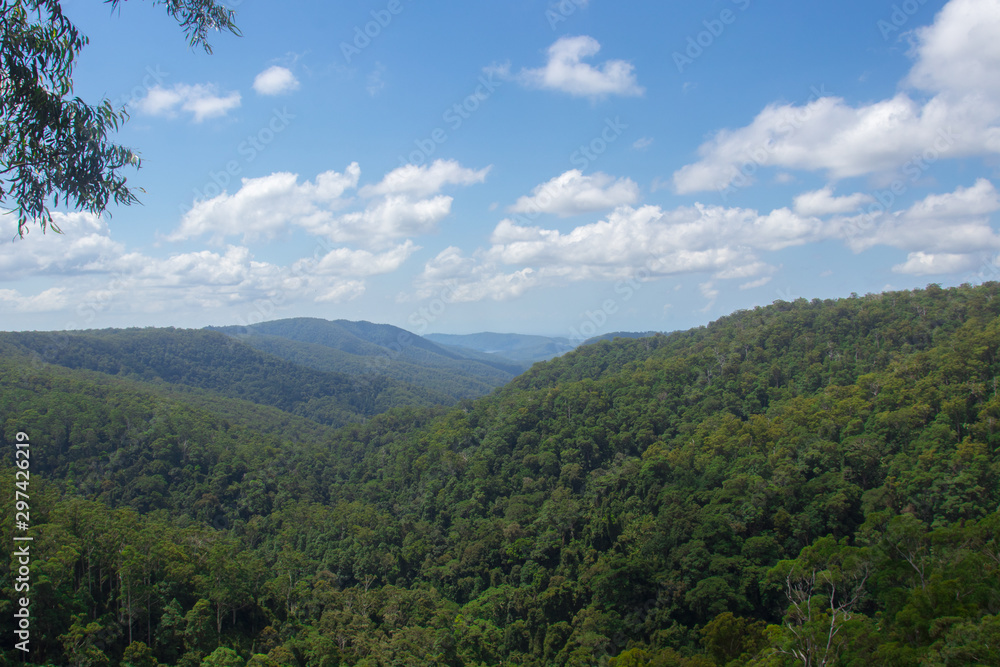 High Hilltop Lookout On A Overcast Moody Day Overlooking Lush Green Hills And Valley In Australia