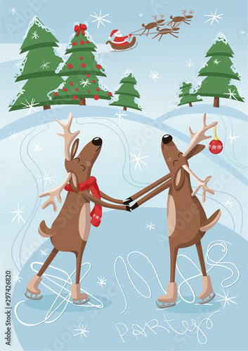 Christmas deers dancing on skates on the ice in the winter forest. Xmas party greeting card, invitation or poster. Vector illustration.
