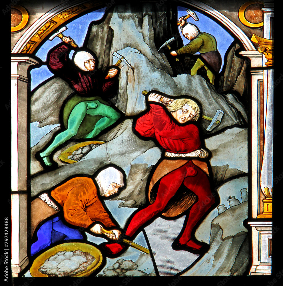 lavoro in miniera; vetrata cinquecentesca della chiesa parrocchiale di Villandro; Bolzano