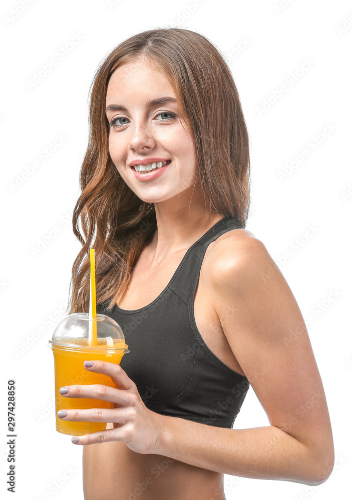Beautiful young woman with orange juice on white background Beautiful young woman with orange juice on white background