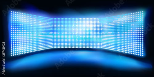 Big led projection screens. Light show on the stage. Blue abstract background. Vector illustration.