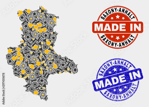 Mosaic industrial Saxony-Anhalt Land map and blue Made In textured seal. Vector geographic abstraction model for service, or patriotic purposes.