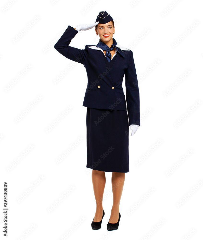 Young beautiful Russian stewardess in blue uniform Young beautiful Russian stewardess in blue uniform