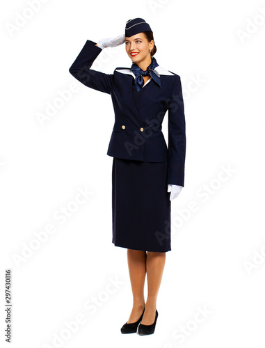 Young beautiful Russian stewardess in blue uniform