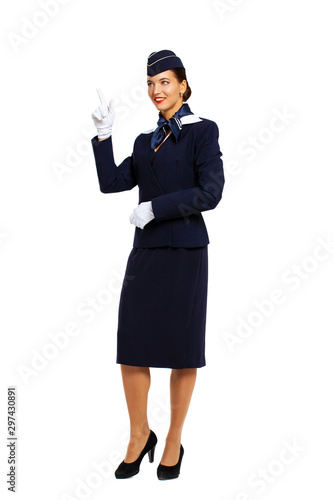 Young beautiful Russian stewardess in blue uniform