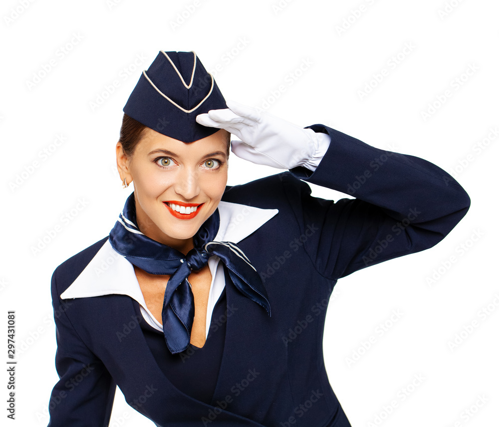 Sijpelen temperatuur stopcontact Young beautiful Russian stewardess in blue uniform Stock Photo | Adobe Stock