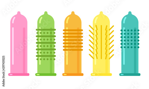 Vector condom icon. Contraception concept. Different forms and types of condoms isolated on white background.