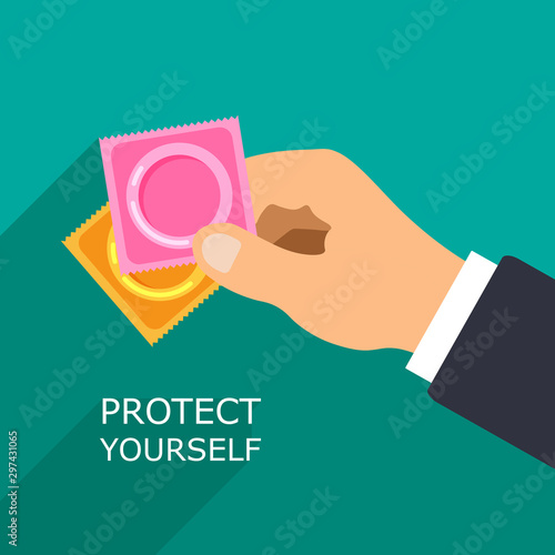 Vector condom and packages icon. Safe yourself concept. Social advertisement. Hand holds contraceptions isolated on green background. Sealed condom.