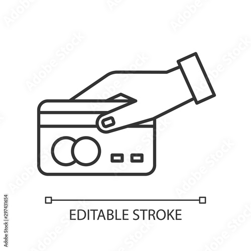 Payment by credit card linear icon. Online store paying option. Internet banking. Secure financial transaction. Thin line illustration. Contour symbol. Vector isolated outline drawing. Editable stroke