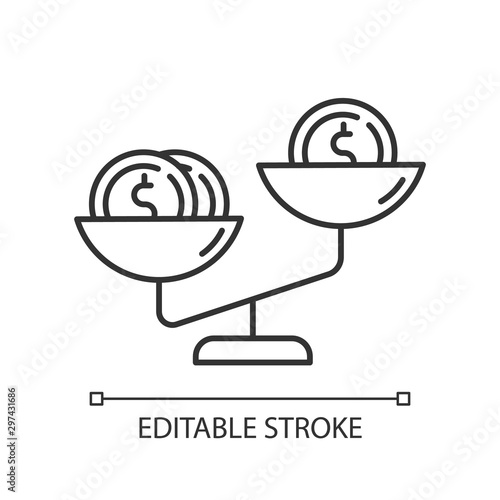 Compare price linear icon. Coins on scales. Product value comparison. Financial expenses. Earning and spending. Thin line illustration. Contour symbol. Vector isolated outline drawing. Editable stroke