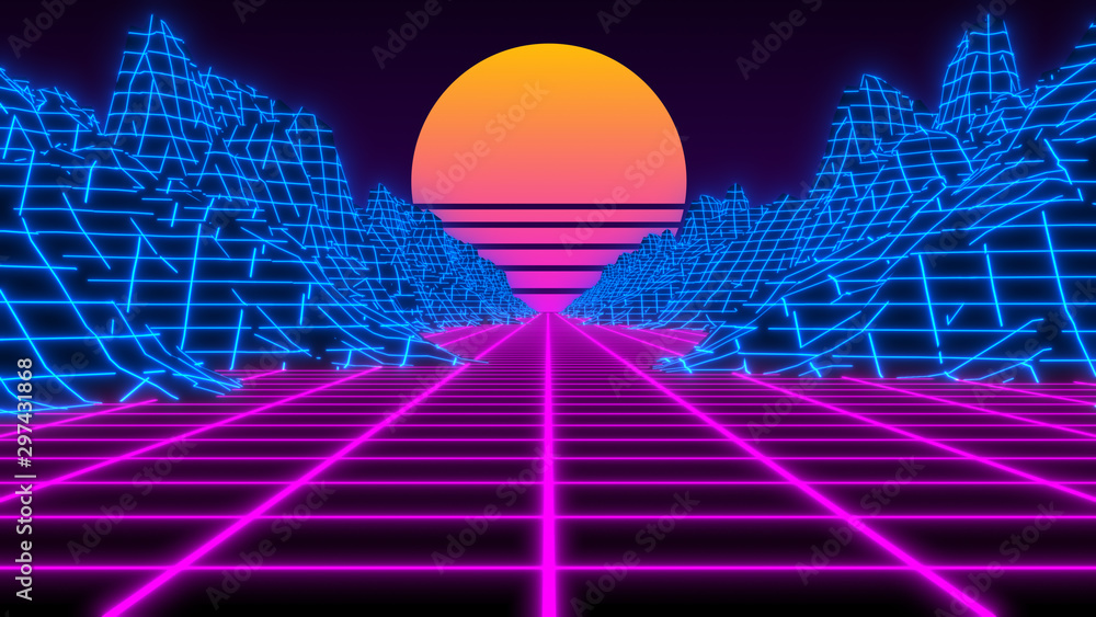 Synthwave wireframe 80s Retro Futurism vaporwave background - 3D  illustration render Stock Illustration | Adobe Stock