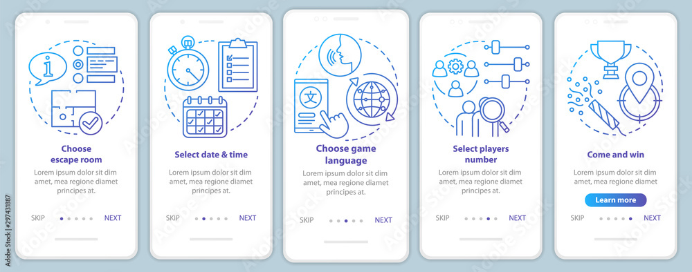 Escape room booking tutorial onboarding mobile app page screen with linear concepts. Choose quest date. Blue walkthrough steps graphic instructions. UX, UI, GUI vector template with illustrations