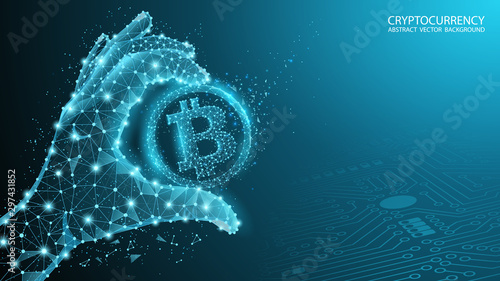 Blue abstract technology background. Vector. Polygonal human hand holds bitcoin. Electronic cryptocurrency and modern technology. Blockchain Low poly image. Internet banking and finance.