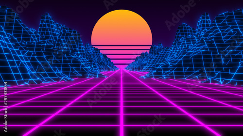 Vaporwave retro futuristic 80's synthwave landscape and sun background - 3D illustration render