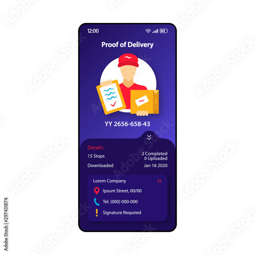 Proof of delivery smartphone interface vector template. Mobile app page dark blue design layout. Courier service screen. Flat UI for application. Parcel transportation. Phone display