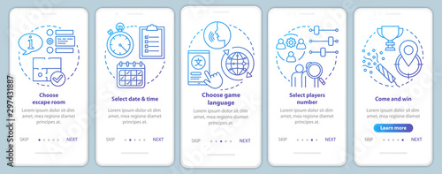 Escape room booking tutorial onboarding mobile app page screen with linear concepts. Choose quest date. Blue walkthrough steps graphic instructions. UX, UI, GUI vector template with illustrations
