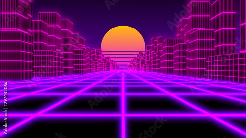 Cityscape Synthwave/ vaporwave/ retrowave cyber landscape with laser grid - 3D illustration render photo