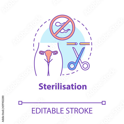 Sterilisation device concept icon. Safe sex. Tubal ligation. Blocked fallopian tubes. Female surgical procedure idea thin line illustration. Vector isolated outline drawing. Editable stroke
