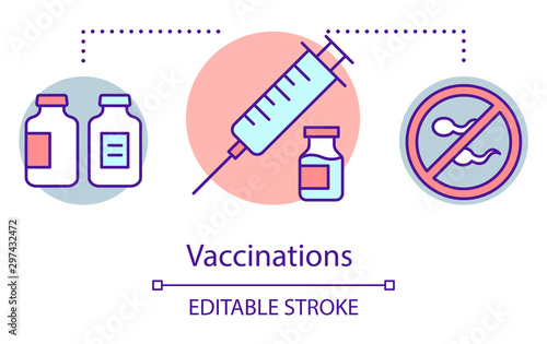 Vaccinations concept icon. HPV, hepatitis A, and B injection. Reducing spread sexually transmitted infections. Safe sex idea thin line illustration. Vector isolated outline drawing. Editable stroke
