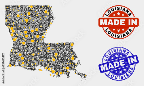 Mosaic industrial Louisiana State map and blue Made In grunge stamp. Vector geographic abstraction model for industrial, or political posters.