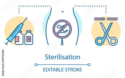 Sterilisation concept icon. Birth control method. Medical procedure for protection from unwanted pregnancy. Safe sex idea thin line illustration. Vector isolated outline drawing. Editable stroke