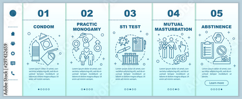 Safe sex onboarding mobile web pages vector template. Condom and abstinence. Responsive smartphone website interface idea with linear illustrations. Webpage walkthrough step screens. Color concept