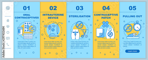 Safe sex onboarding mobile web pages vector template. Oral contraceptive. Responsive smartphone website interface idea with linear illustrations. Webpage walkthrough step screens. Color concept