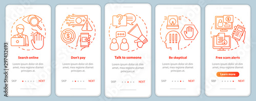 Scam prevention onboarding mobile app page screen vector template. Walkthrough website steps with linear illustrations. Search online. UX, UI, GUI smartphone interface concept