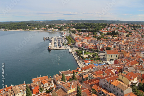 View from the bell tower of the Church of St. Euphemia on the tiled rooftops of the romantic and colorful town of Rovinj, Croatia, located in the north of the Adriatic Sea. Europe. © marimarkina