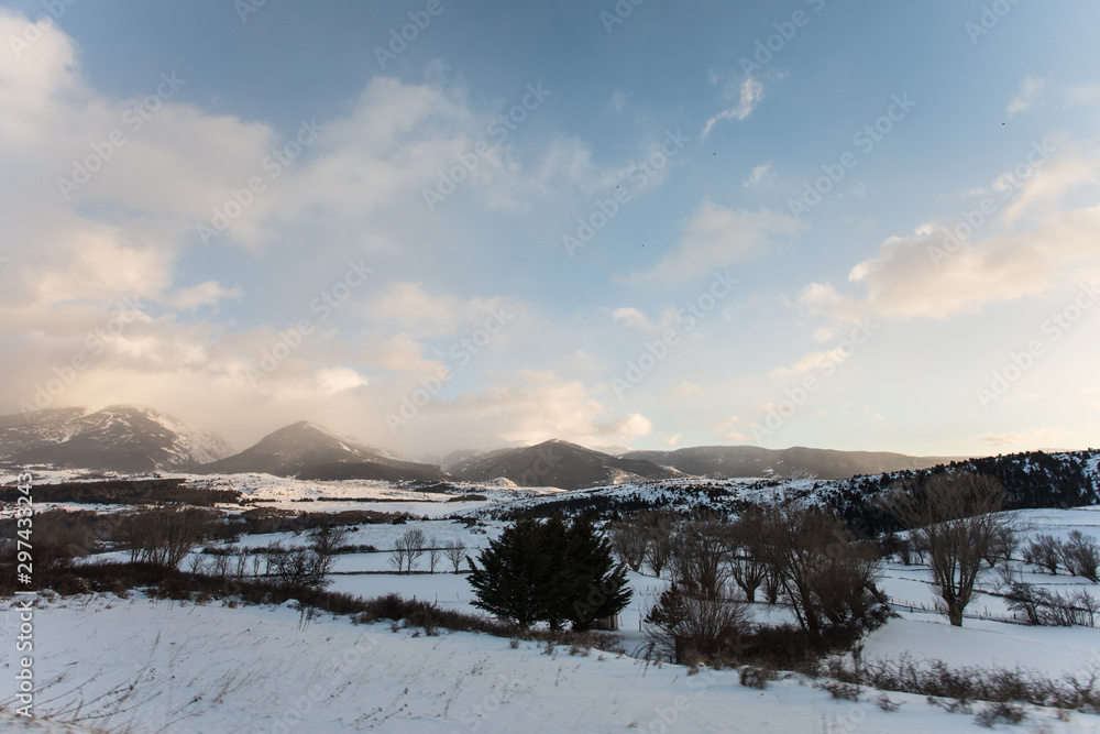 paisaje montañoso cubierto de nieve y árboles en el invierno 