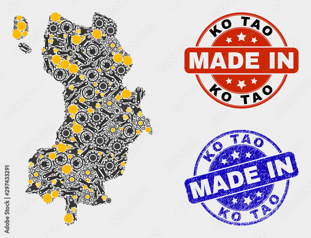 Obraz premium Mosaic industrial Ko Tao map and blue Made In textured stamp. Vector geographic abstraction model for service, or political illustrations. Mosaic of Ko Tao map combined of scattered cogwheel,
