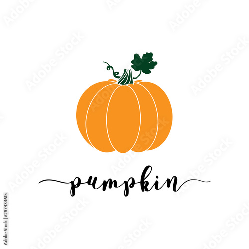 Hand sketched " Pumpkin " word with orange pumpkin, isolated on white background. Lettering for postcard, invitation, poster, icon, banner template typography.