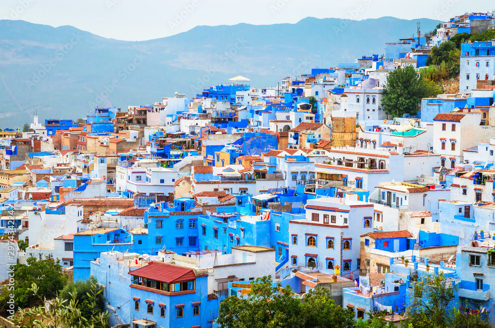 Aerial view of blue medina of city Chefchaouen, Morocco, Africa.